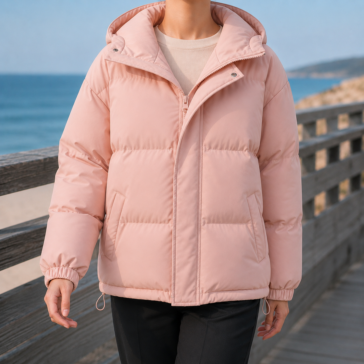 Puffer Jacket Polyester Hooded with Drawcord Hem and Angled Pockets