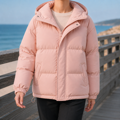 Puffer Jacket Polyester Hooded with Drawcord Hem and Angled Pockets