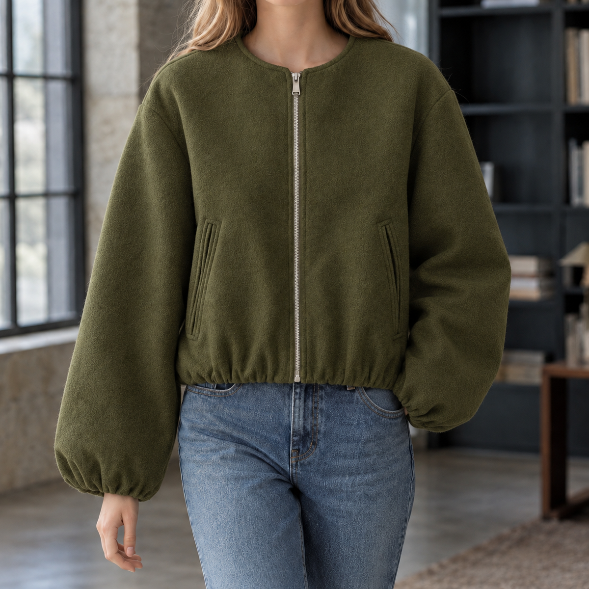 Jacket Polyester Cropped with Balloon Sleeves and Full Zip