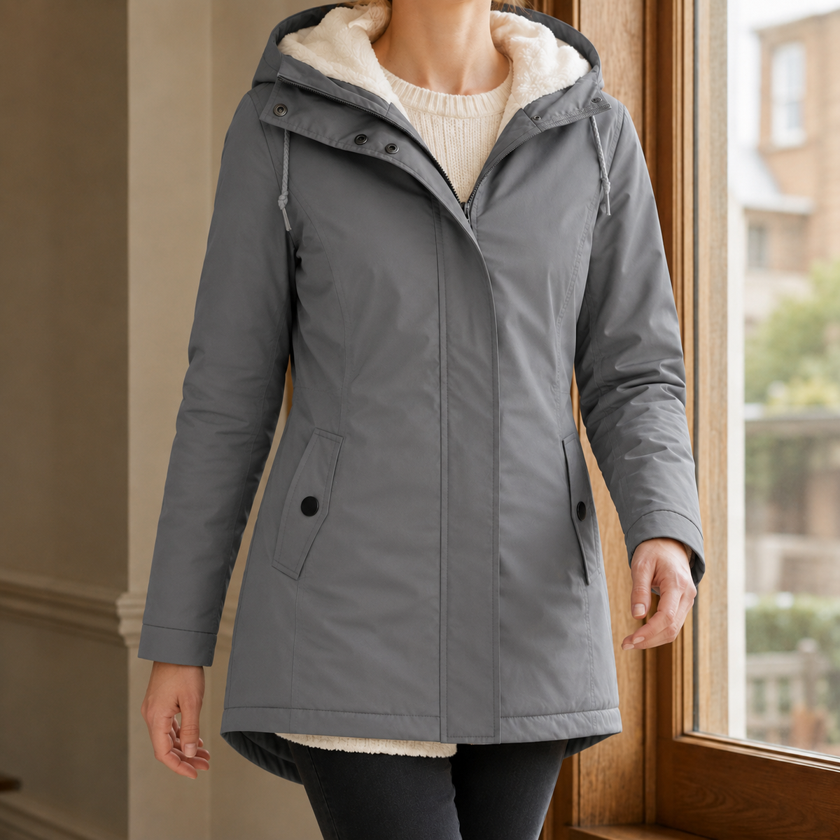 Parka Polyester Fitted with Pile-Lined Hood and Concealed Zip