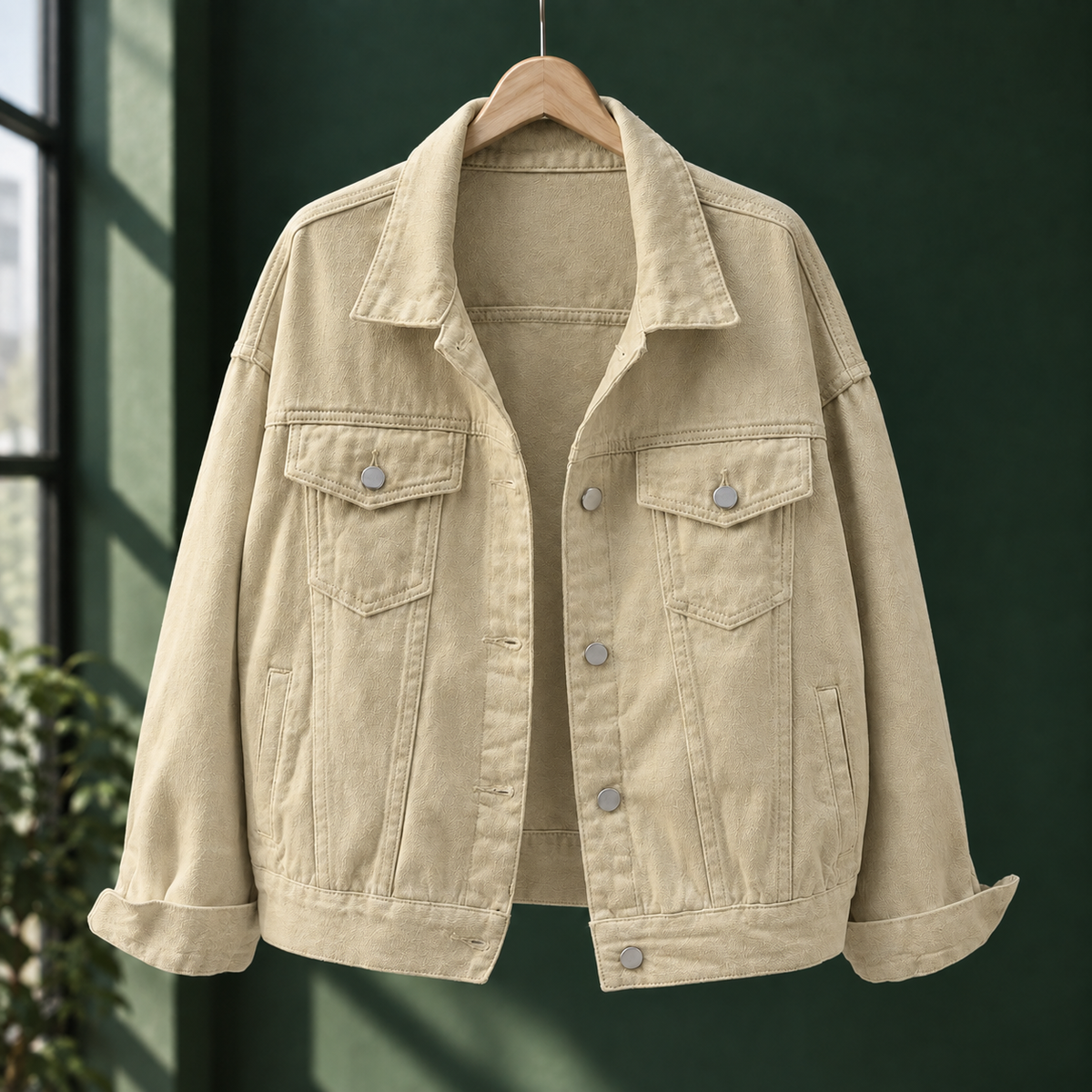 Denim Jacket Cotton Blend Relaxed with Four Pockets and Turned Cuffs