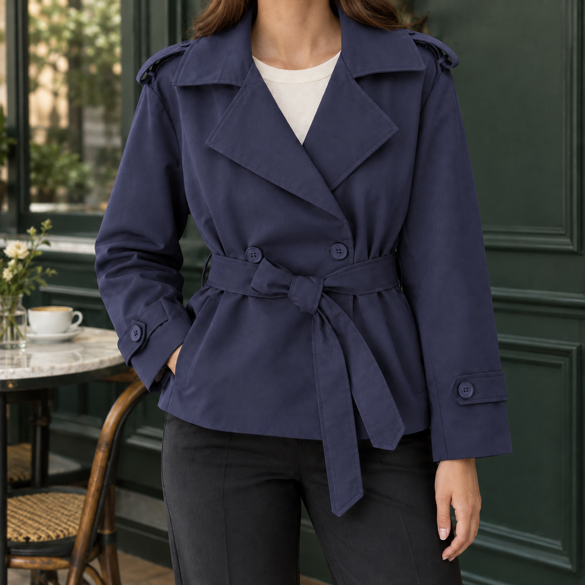 Trench Jacket Polyester Belted with Wide Lapels and Cuff Tabs