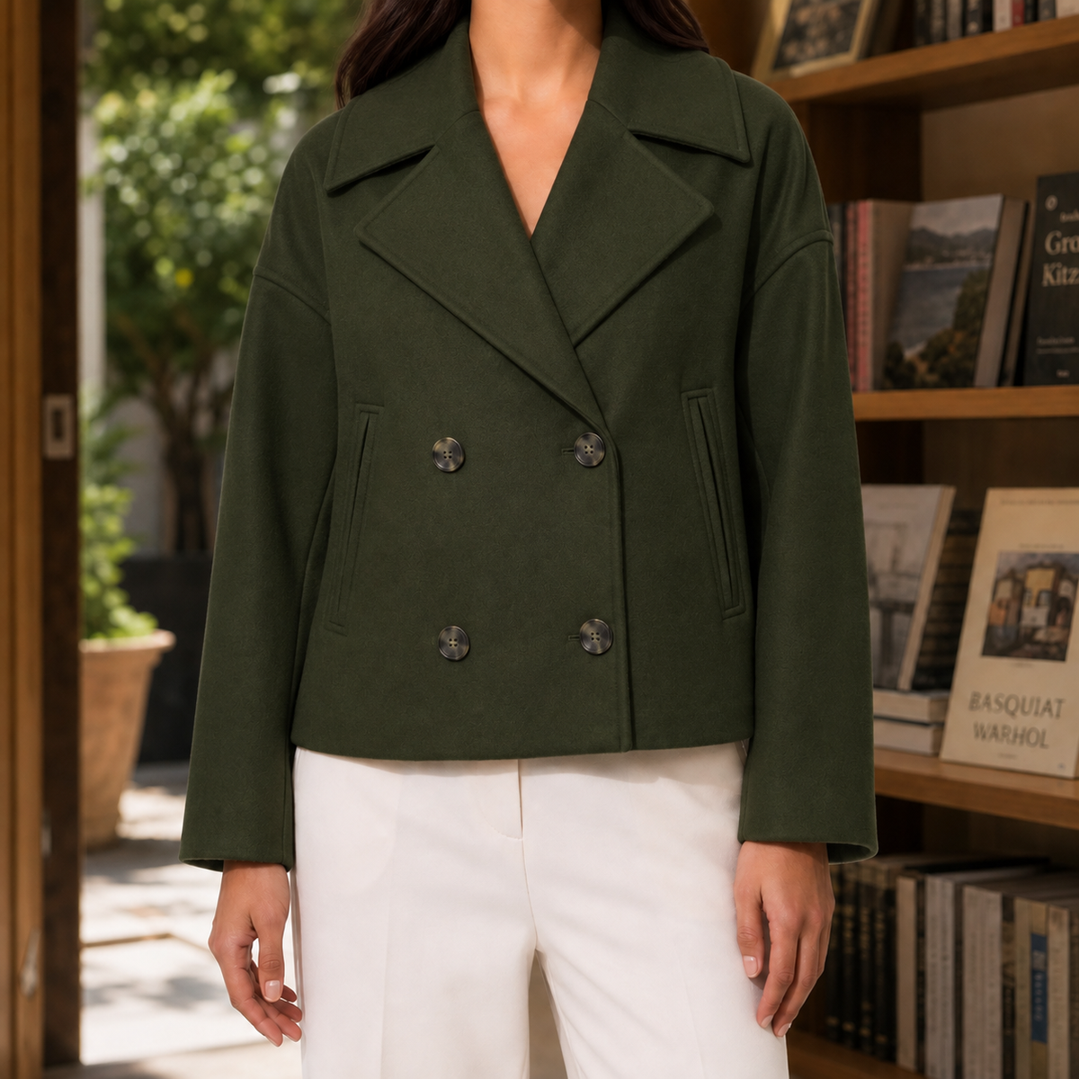 Blazer Polyester Cropped Boxy Double-Breasted with Notched Lapels