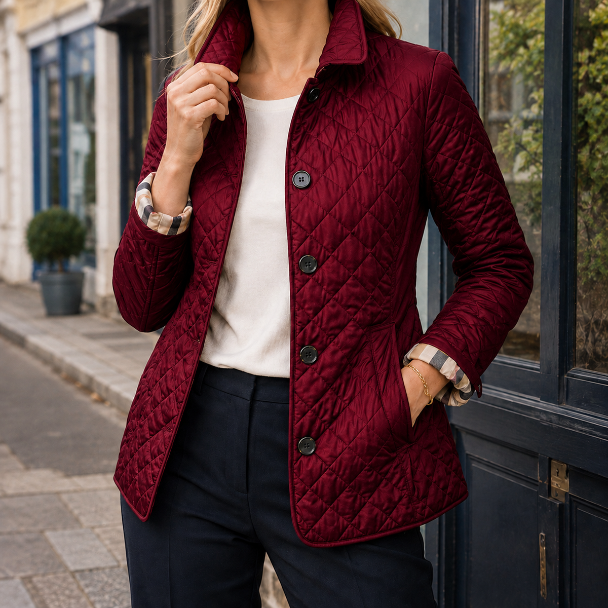 Quilted Jacket Polyester Diamond-Quilted with Checked Turn-Back Cuffs