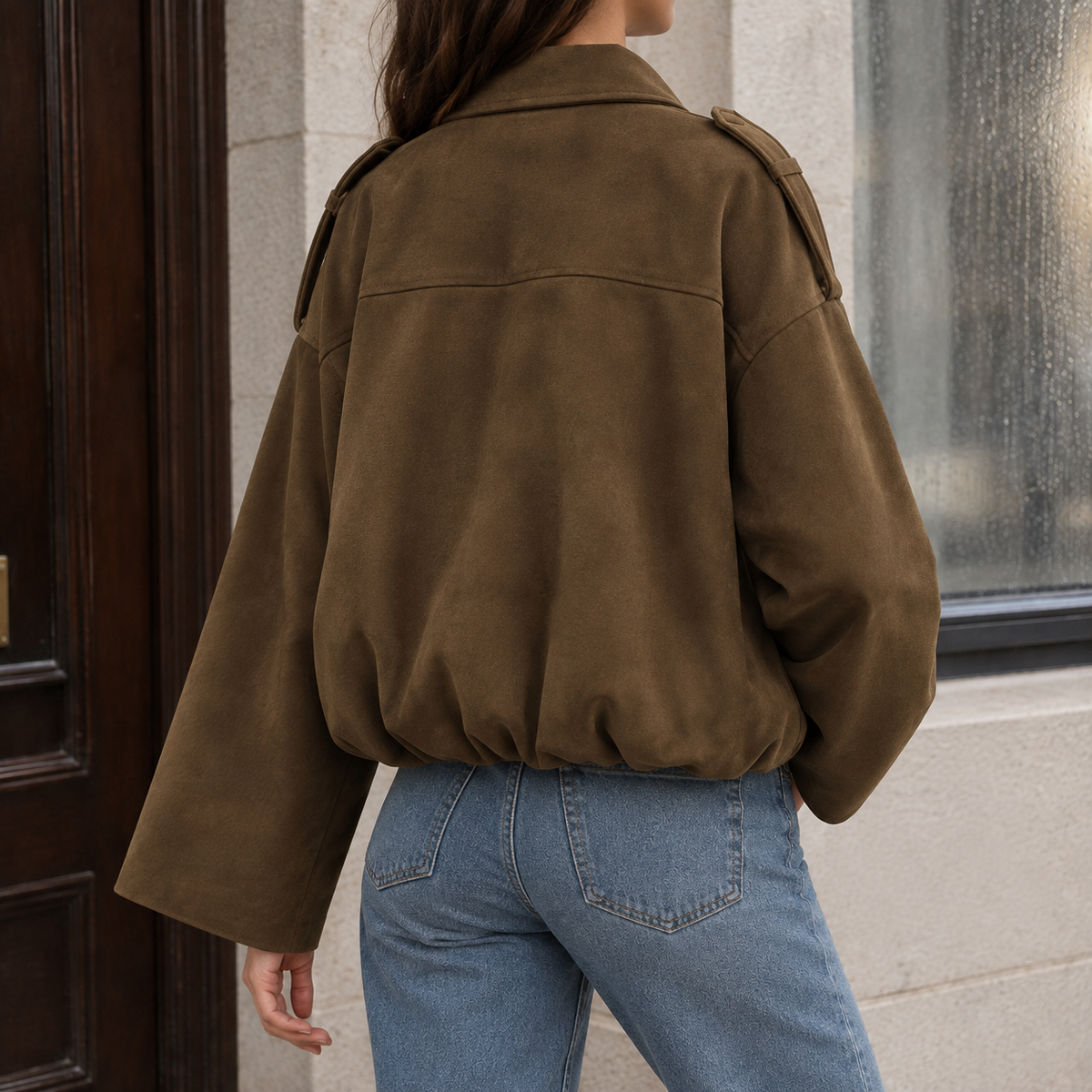 Bomber Jacket Faux Suede Relaxed with Dropped Shoulders and Bubble Hem