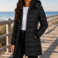 Quilted Jacket Polyester Longline with Hood, Full Zip and Side Pockets