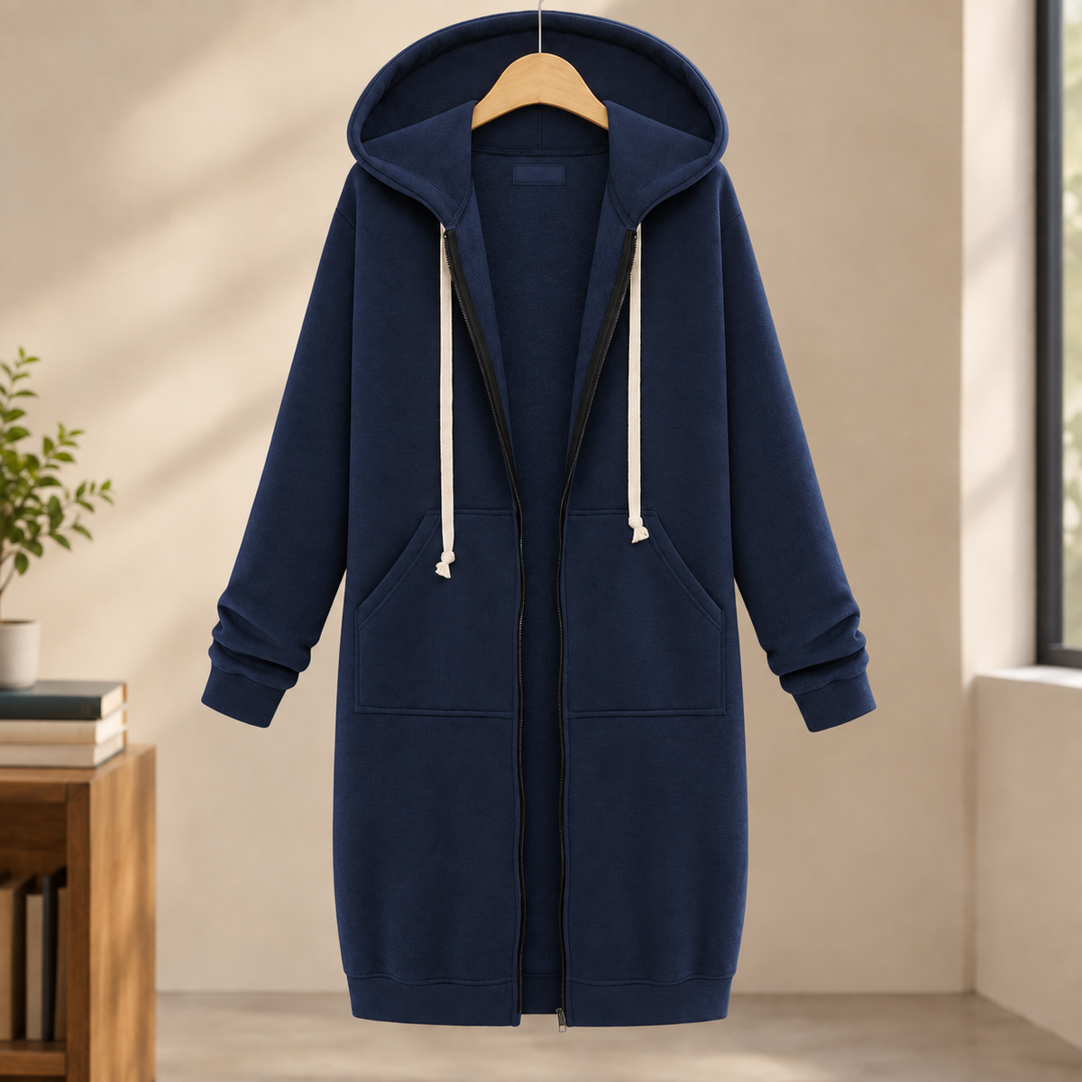 Overcoat Polyester Longline with Drawcord Hood and Full Zip