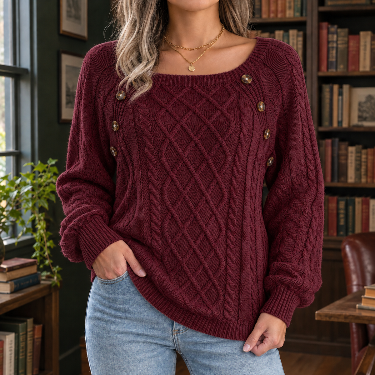 Square Neck Loose Knit Jumper