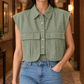 Cropped Denim Utility Top with Flap Pockets