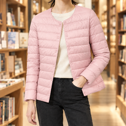 Quilted Jacket Polyester Slim Short with Round Neckline and Snap Front