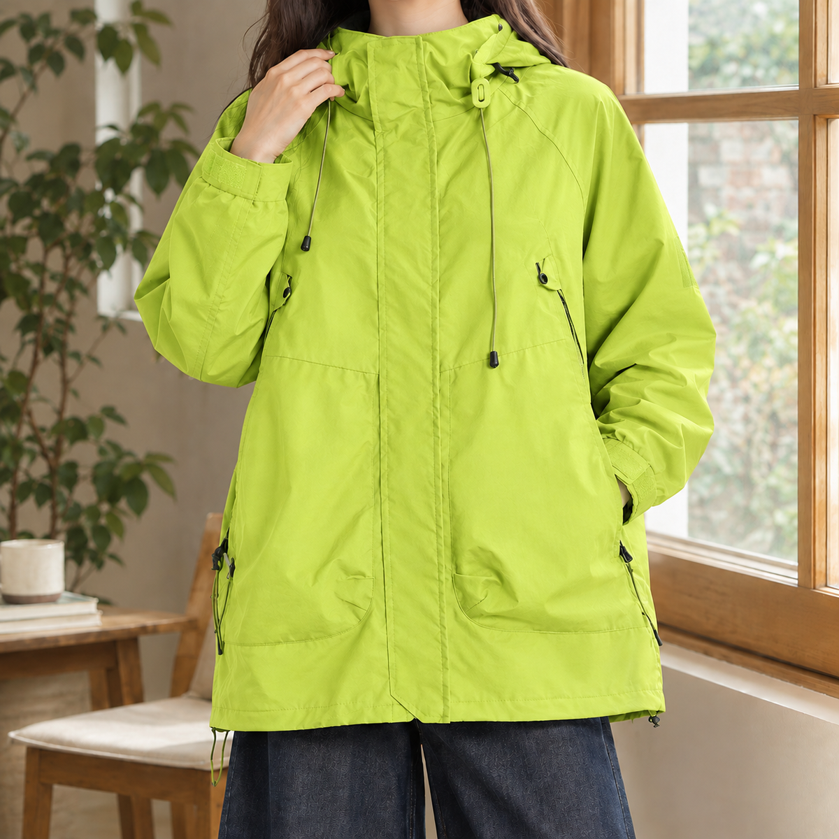 Hooded Utility Jacket Cotton Blend with Drawcord and Four Pockets