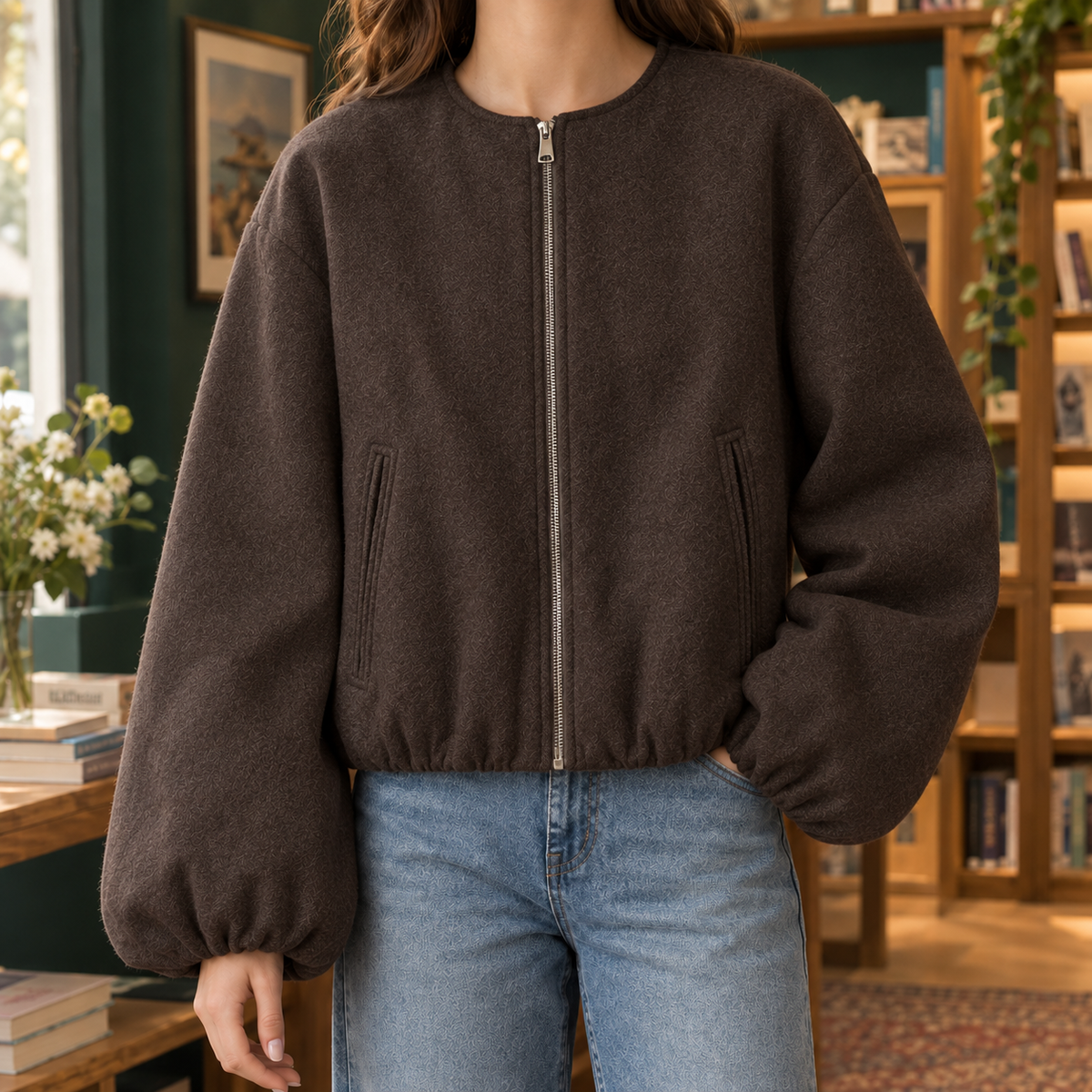 Collarless Jacket Polyester Short with Balloon Sleeves and Zip Front