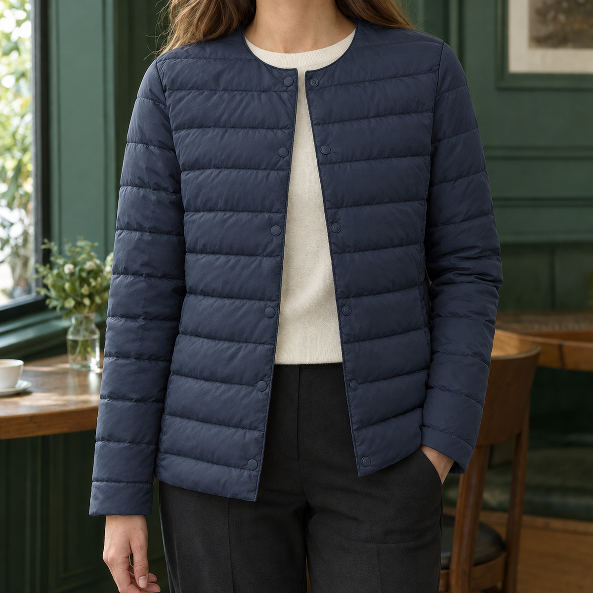 Quilted Jacket White Duck Down Filled Slim Hip-Length with Snap Front