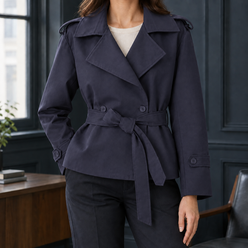 Belted Jacket Polyester Short with Wide Lapels and Self-Tie Waist