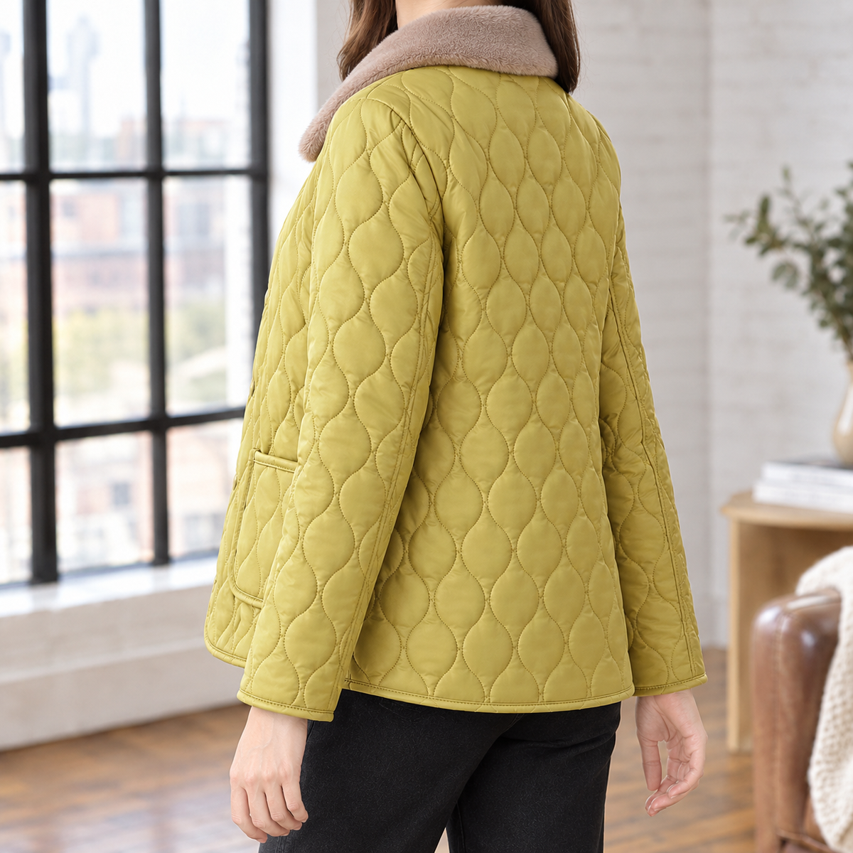 Quilted Jacket Faux Leather with Plush Collar and Patch Pockets