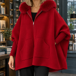 Hooded Jacket Polyester Cape Silhouette with Plush Wool-Blend Trim