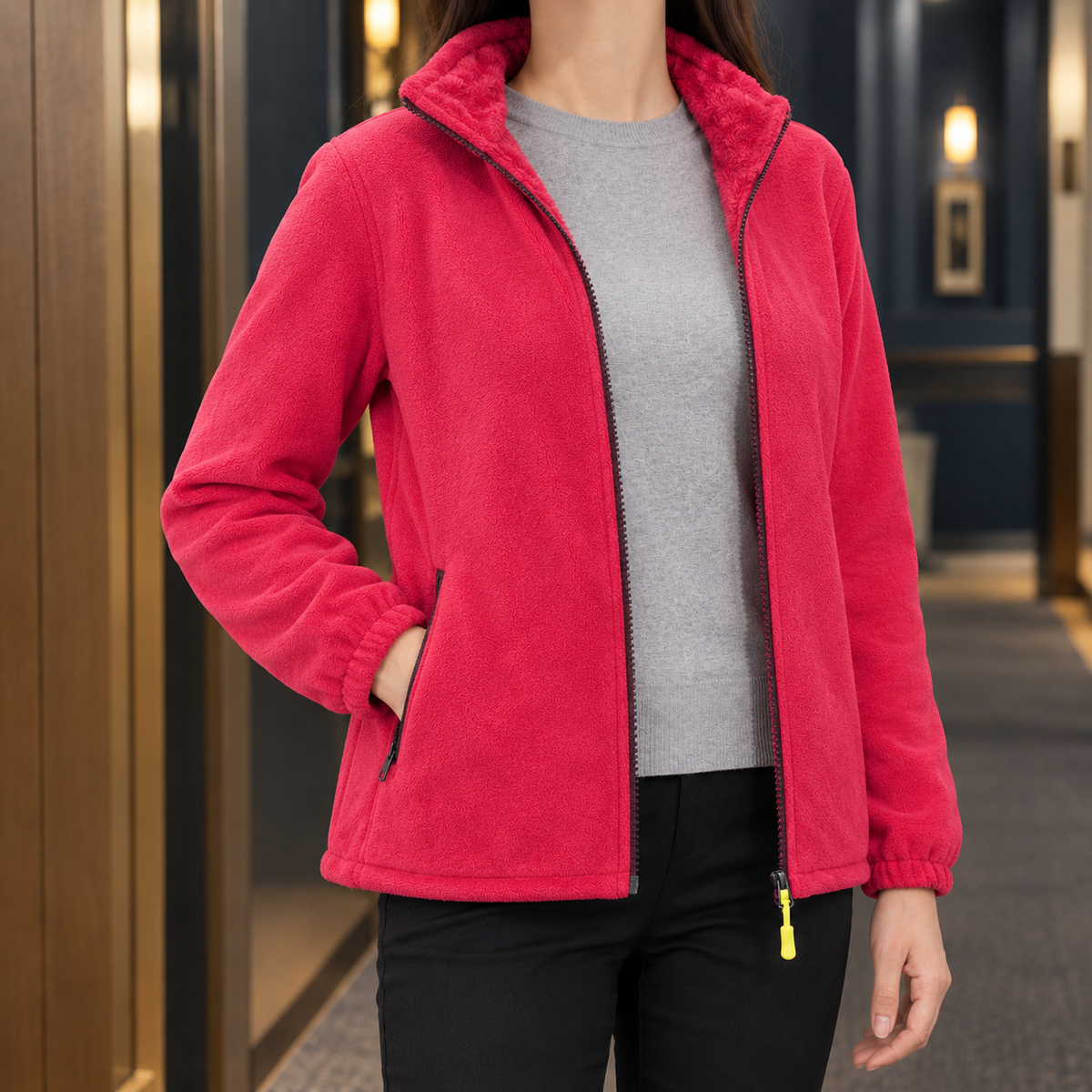 Fleece Jacket with Stand Collar, Full Zip and Zip Pockets