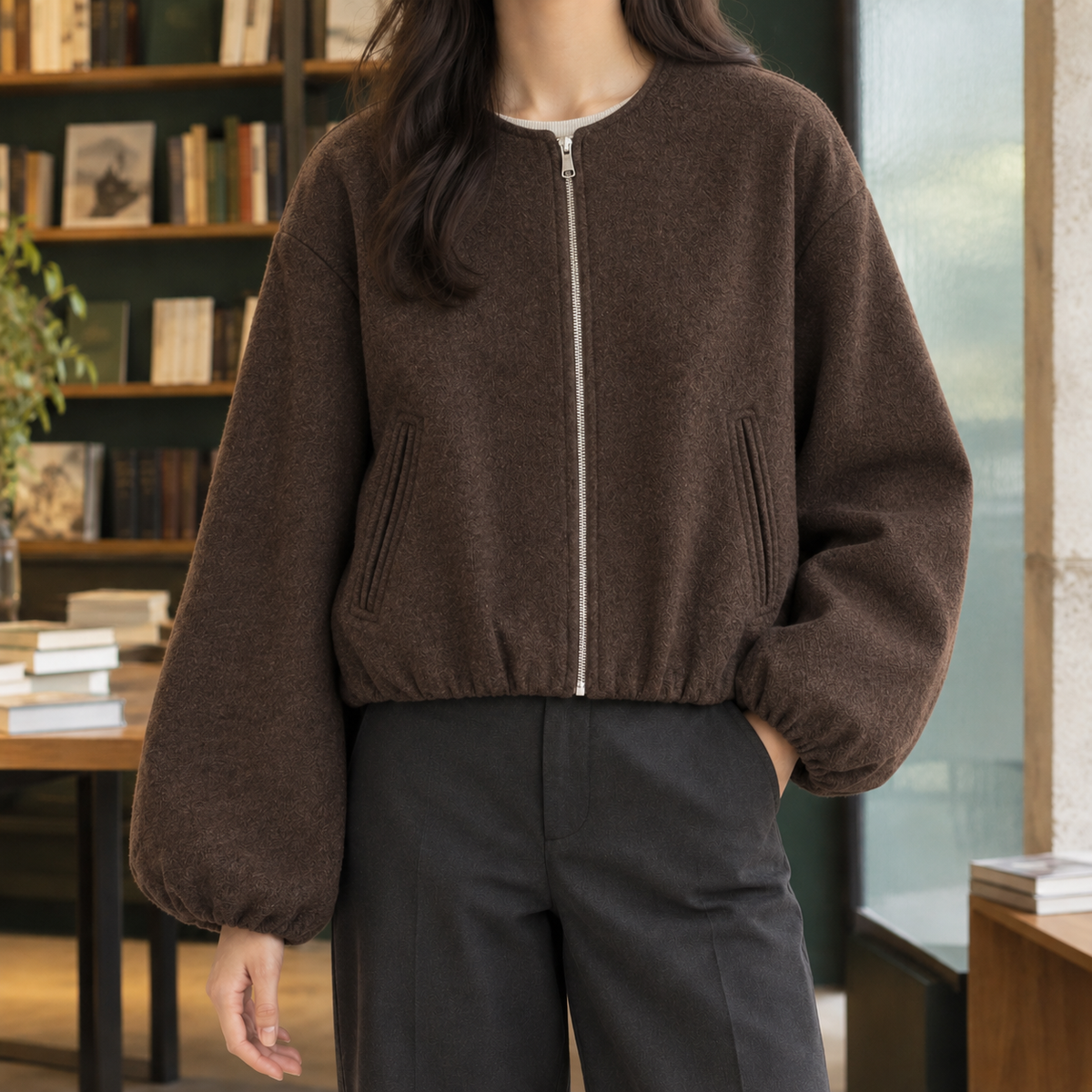Balloon Sleeve Jacket Polyester Cropped with Round Neck and Full Zip