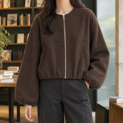 Balloon Sleeve Jacket Polyester Cropped with Round Neck and Full Zip