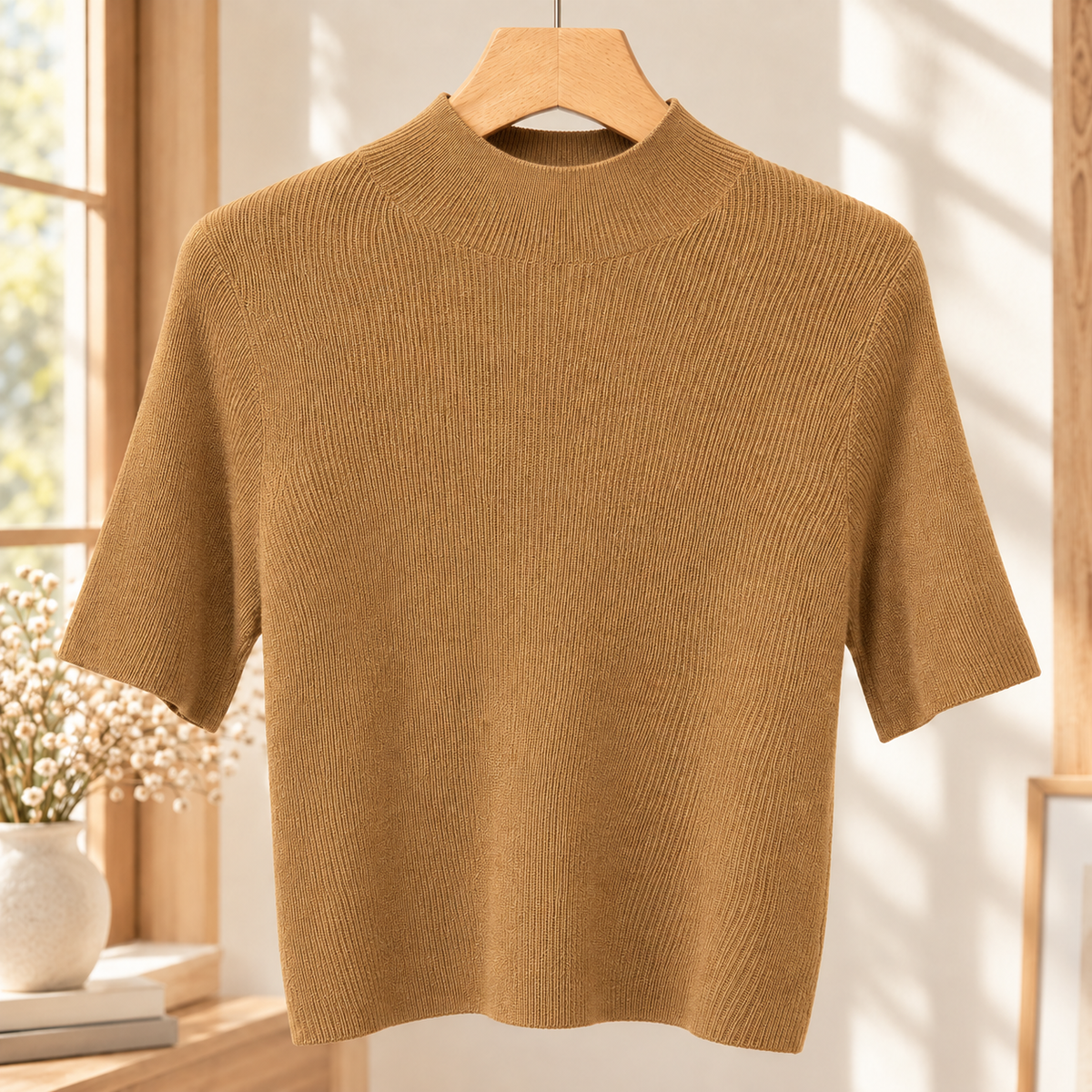 Finely Ribbed Lightweight Mock Neck Top