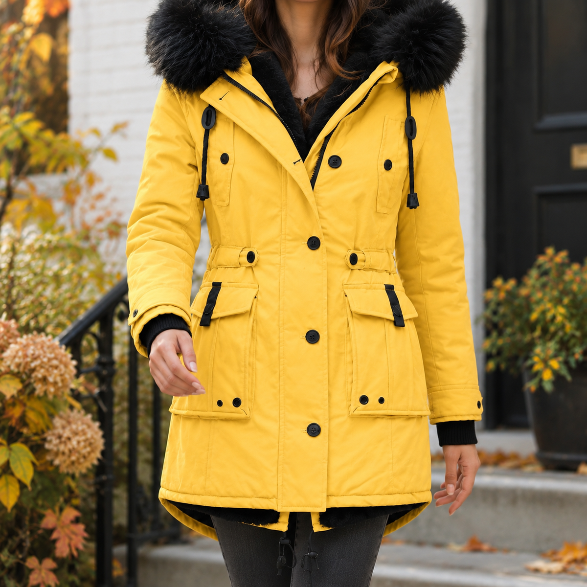 Overcoat Polyester Longline with Plush-Trimmed Hood and Cinched Waist