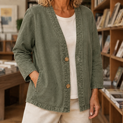Jacket Washed Cotton Collarless with Two-Button Front