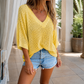 Open-Knit Cotton V-Neck Top