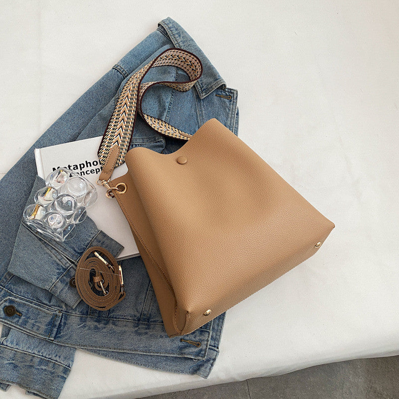 Bucket Bag Faux Leather Pebbled with Canvas Strap and Zip