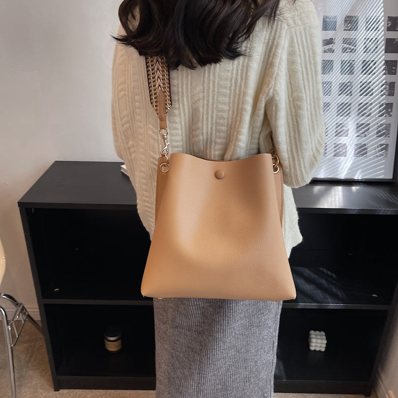 Bucket Bag Faux Leather Pebbled with Canvas Strap and Zip