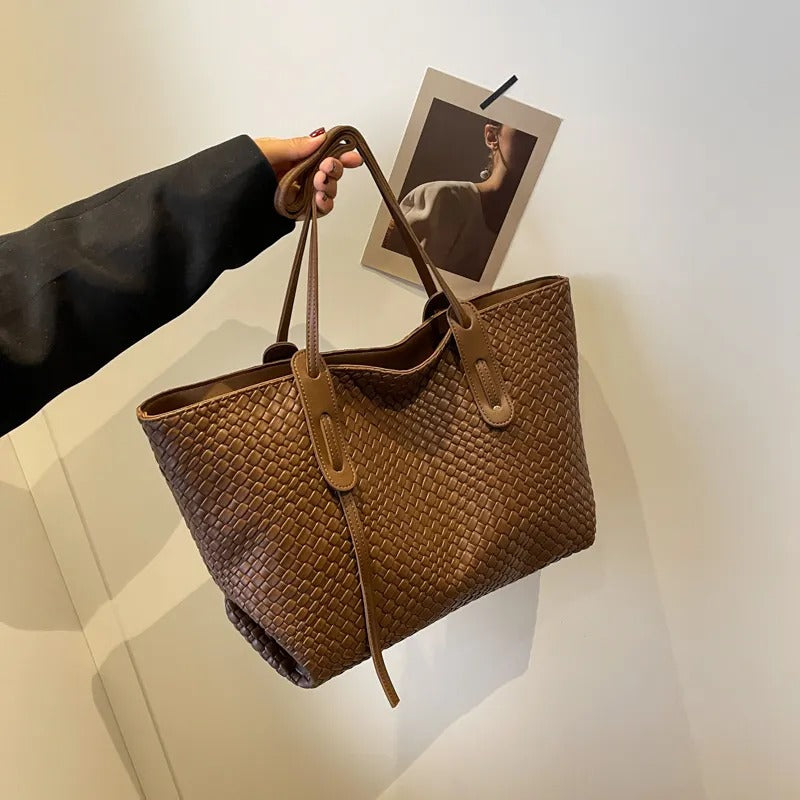 Tote Bag Faux Leather Braided with Zip and Wide Handles