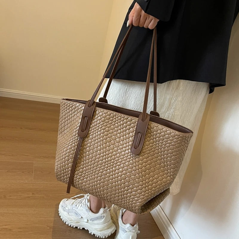 Tote Bag Faux Leather Braided with Zip and Wide Handles