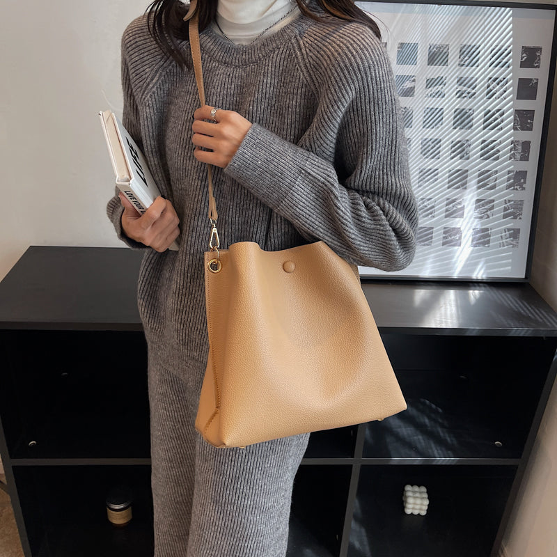 Bucket Bag Faux Leather Pebbled with Canvas Strap and Zip
