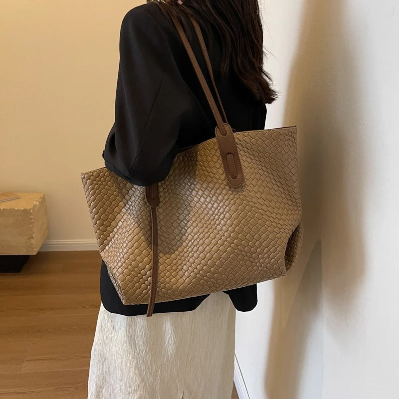 Tote Bag Faux Leather Braided with Zip and Wide Handles