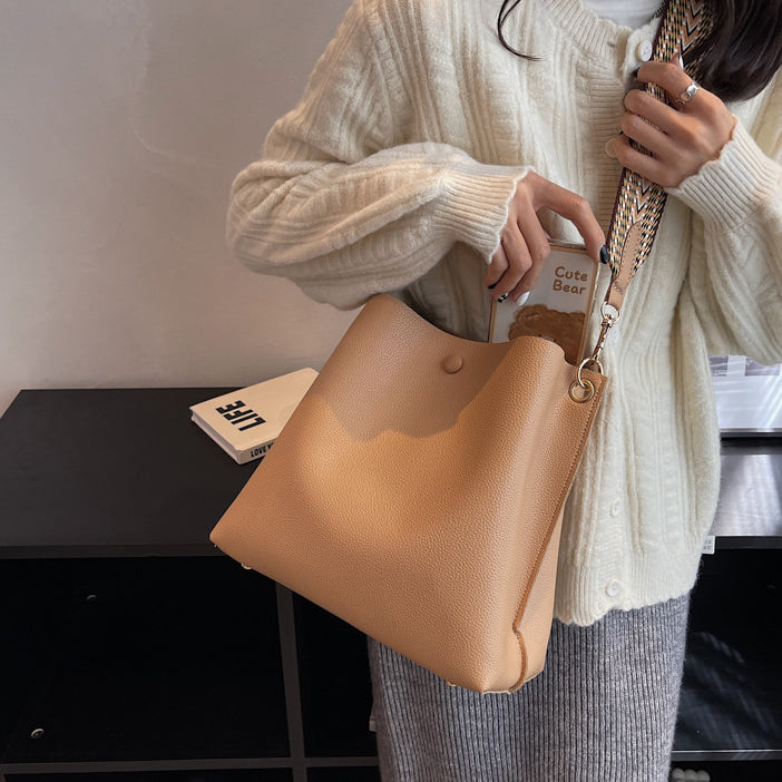 Bucket Bag Faux Leather Pebbled with Canvas Strap and Zip