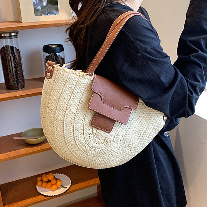 Tote Bag Straw with Faux Leather Trim and Removable Strap