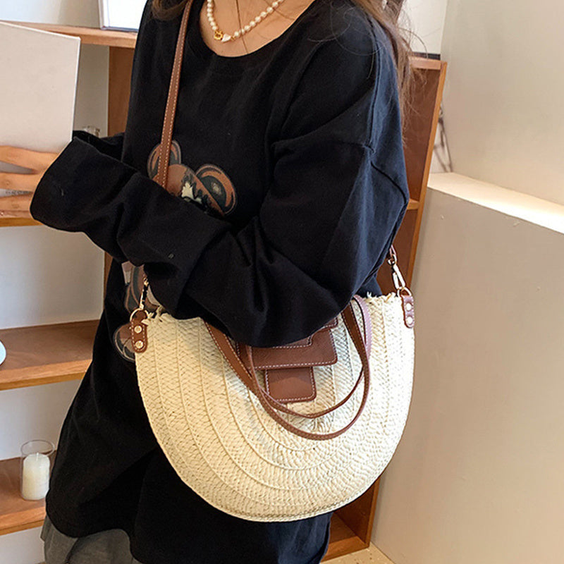 Tote Bag Straw with Faux Leather Trim and Removable Strap