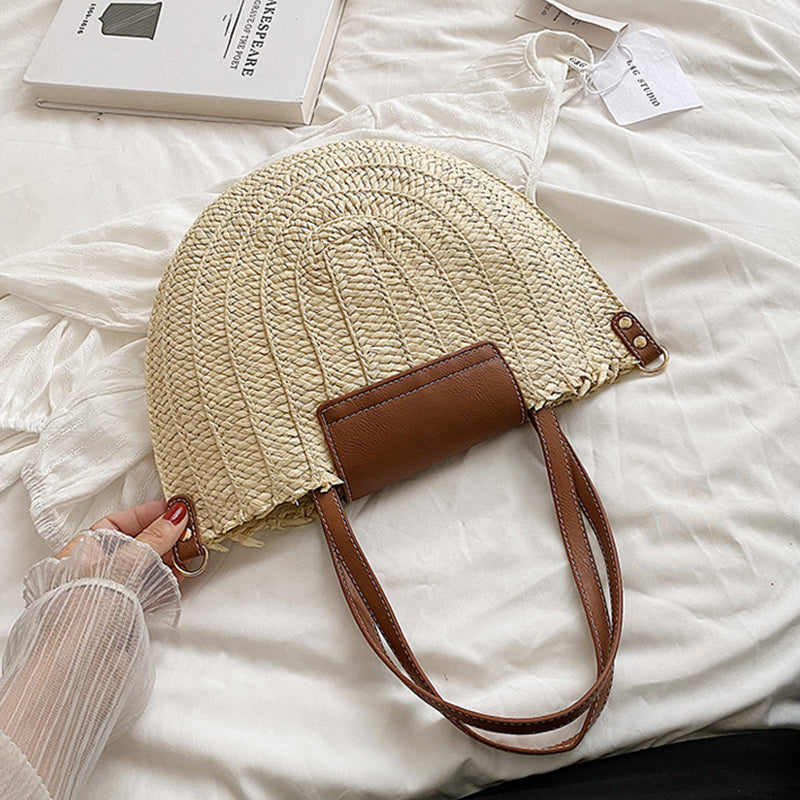 Tote Bag Straw with Faux Leather Trim and Removable Strap