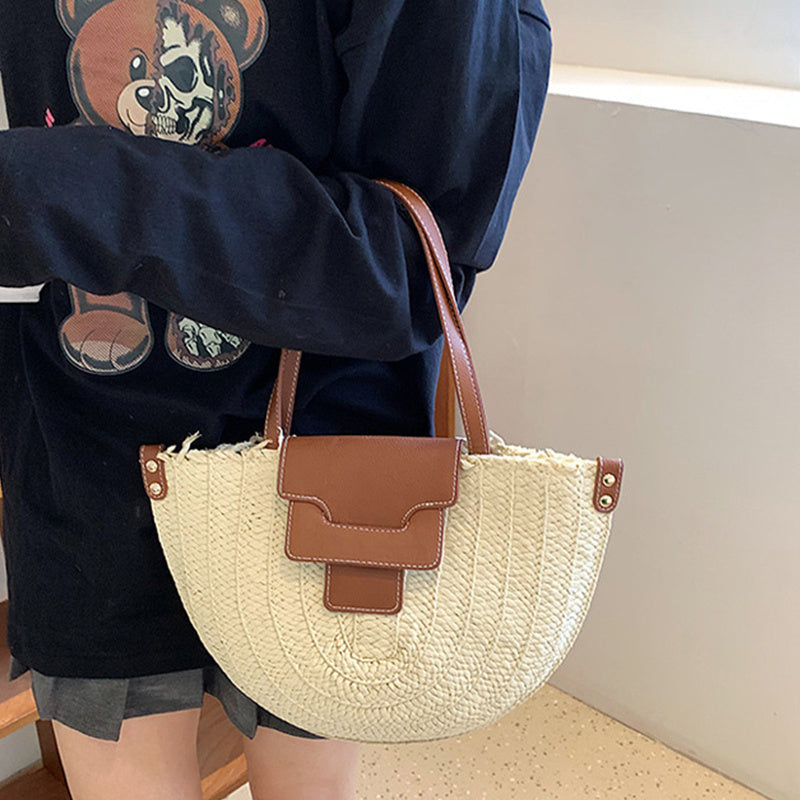 Tote Bag Straw with Faux Leather Trim and Removable Strap
