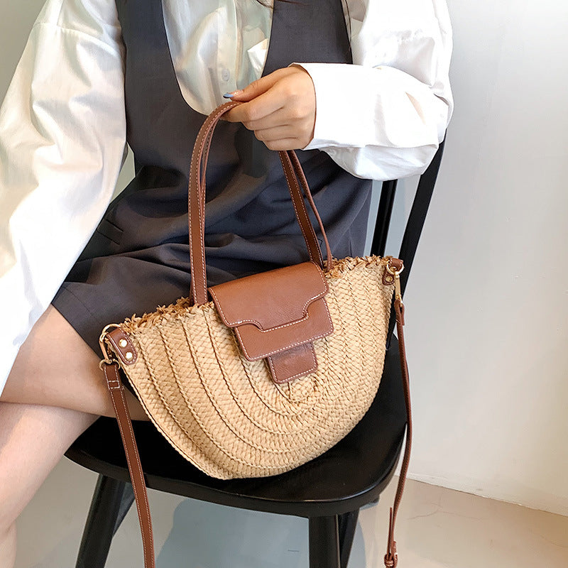 Tote Bag Straw with Faux Leather Trim and Removable Strap