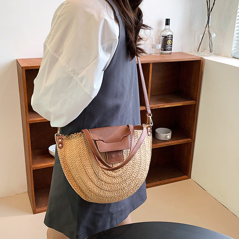 Tote Bag Straw with Faux Leather Trim and Removable Strap
