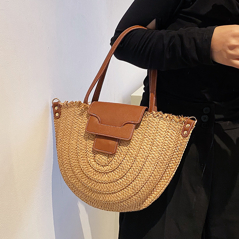 Tote Bag Straw with Faux Leather Trim and Removable Strap