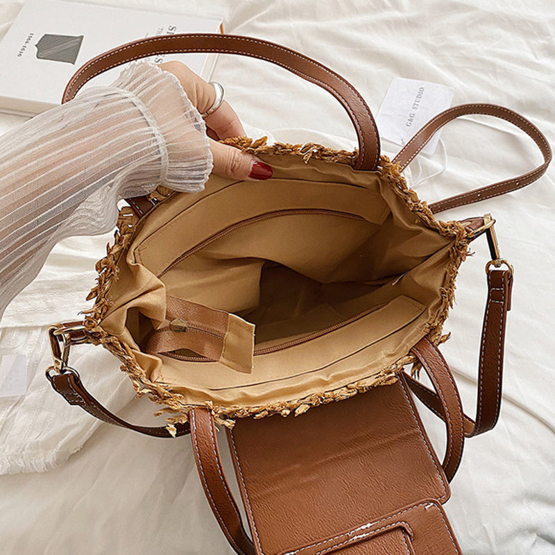 Tote Bag Straw with Faux Leather Trim and Removable Strap