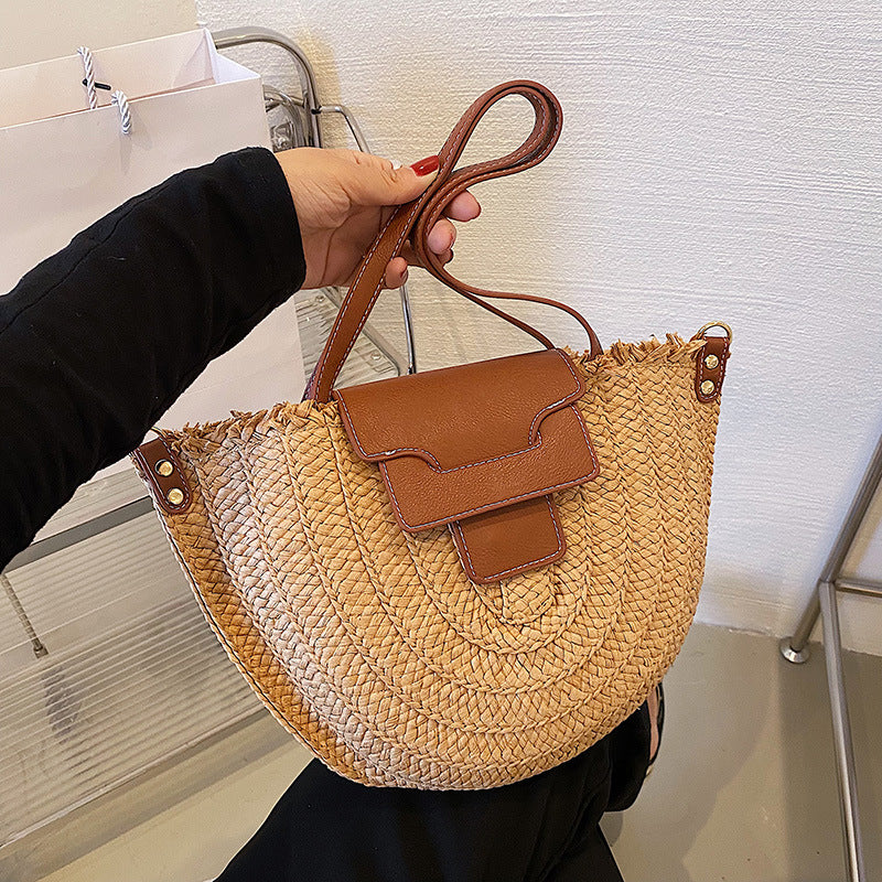 Tote Bag Straw with Faux Leather Trim and Removable Strap