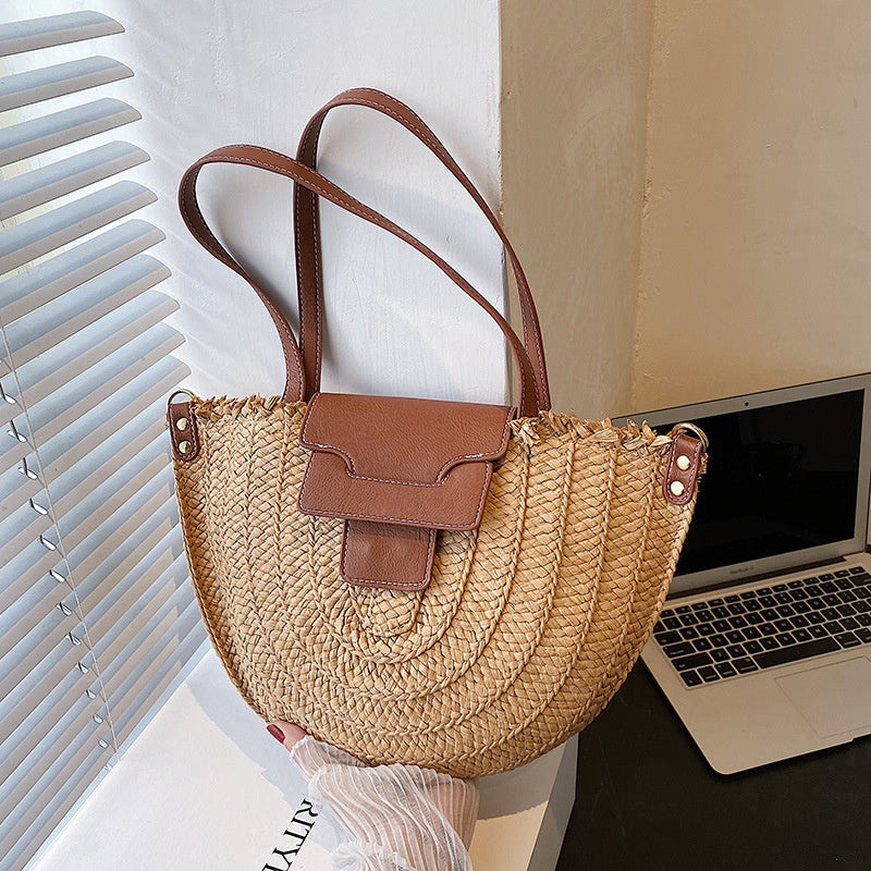 Tote Bag Straw with Faux Leather Trim and Removable Strap