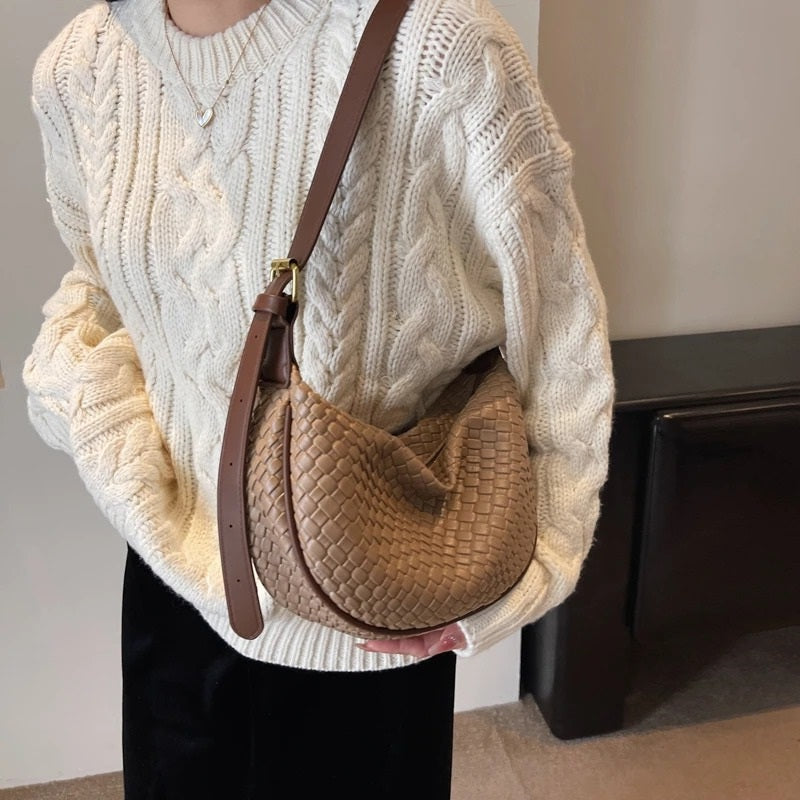 Crescent Bag Faux Leather Woven Detail with Zip and Strap