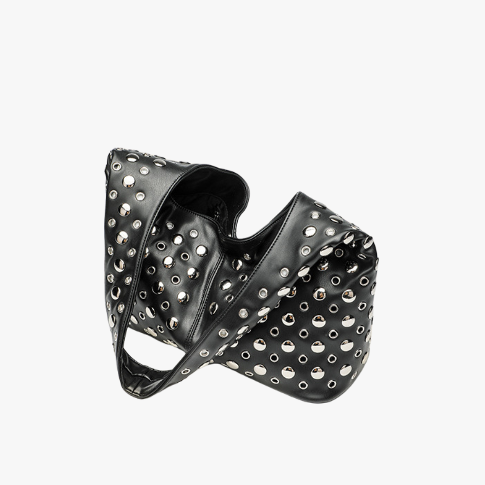 Hobo Bag Faux Leather with Metallic Rivets and Wide Strap