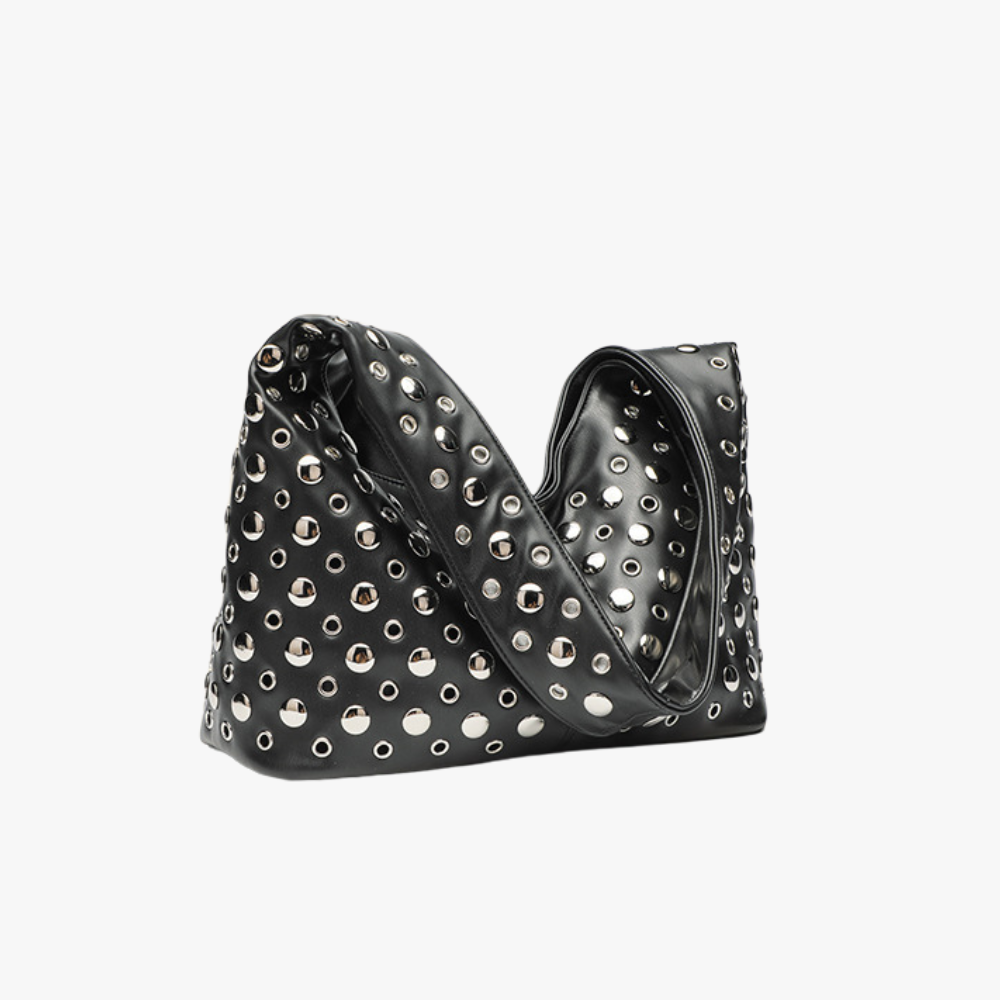 Hobo Bag Faux Leather with Metallic Rivets and Wide Strap