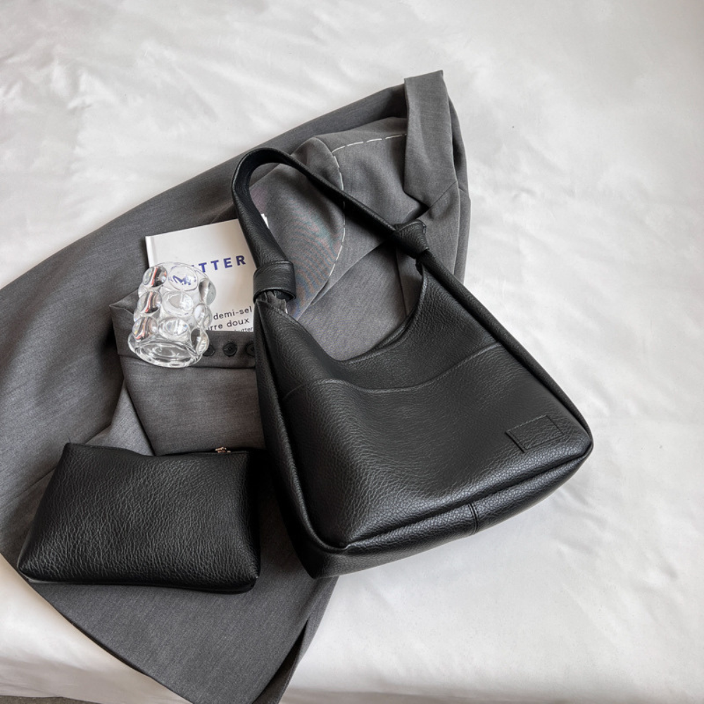 Hobo Bag Grained Faux Leather with Knotted Strap and Pouch