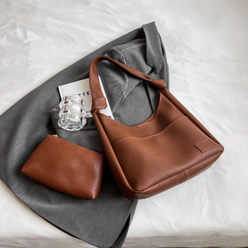 Hobo Bag Grained Faux Leather with Knotted Strap and Pouch