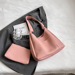 Hobo Bag Grained Faux Leather with Knotted Strap and Pouch